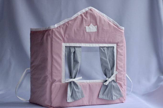 Pink  Puppet theater with gray curtains