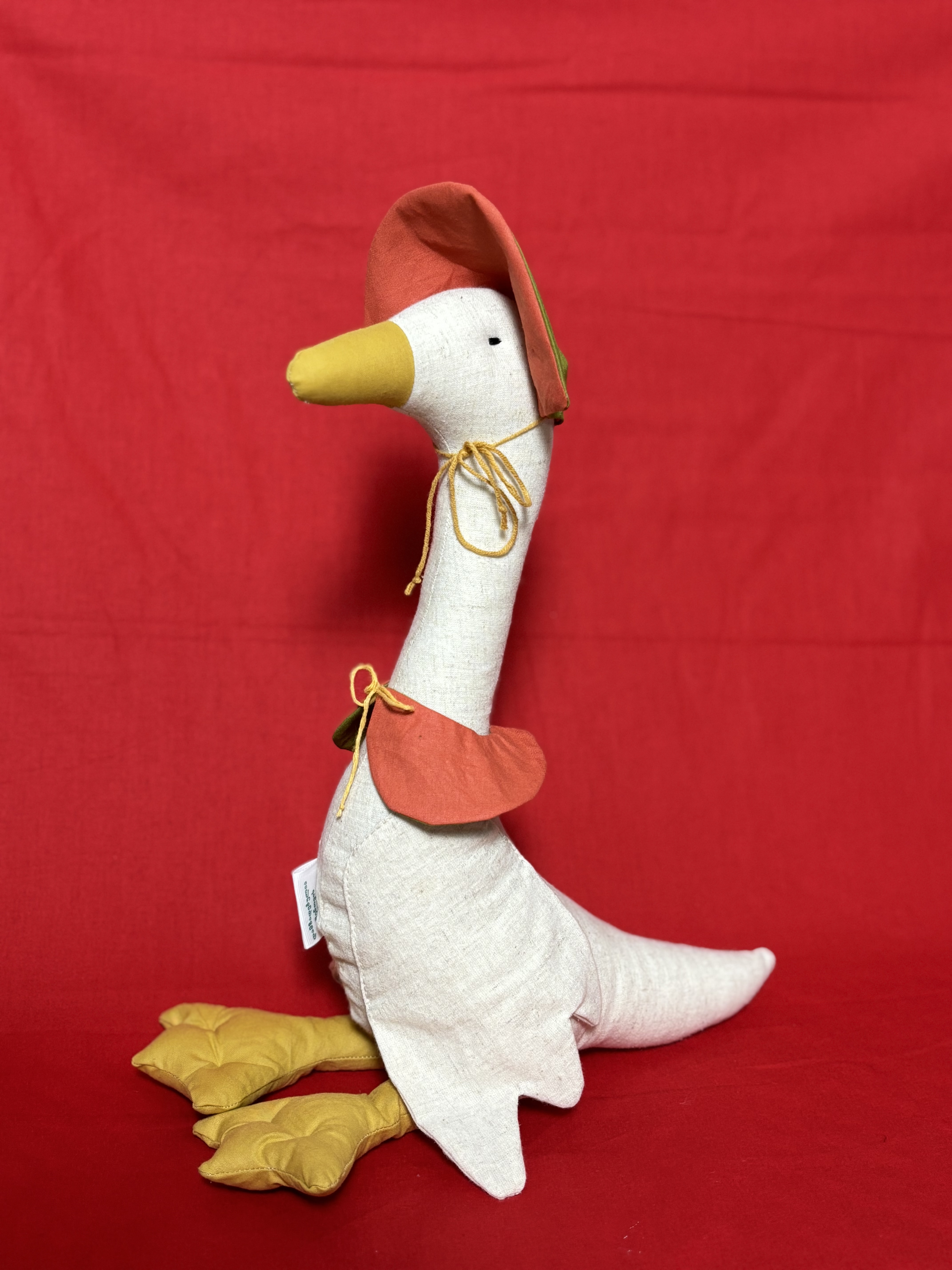 A duck with a fiery hat and collar