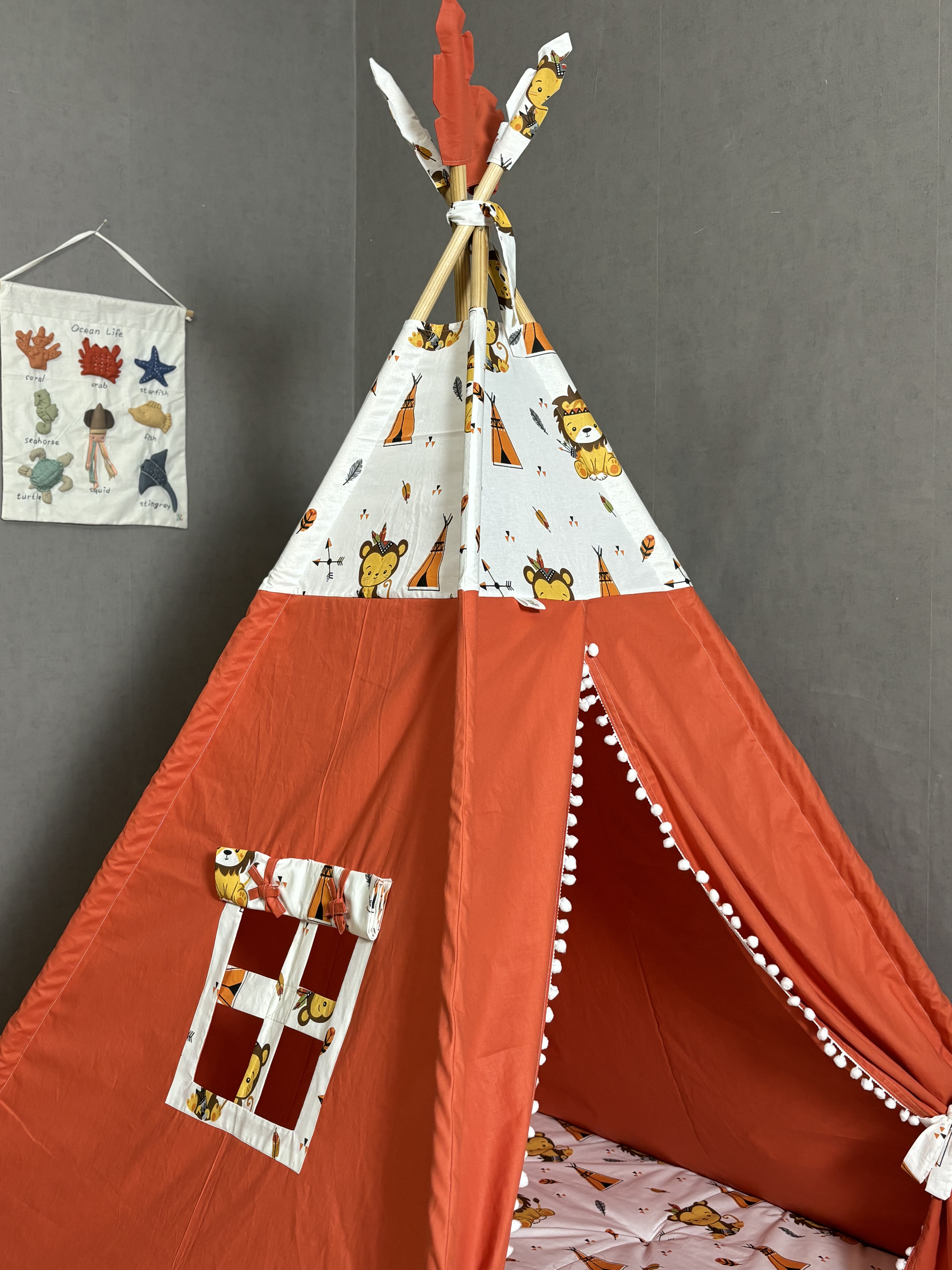 Fire color tent with lion and monkey print