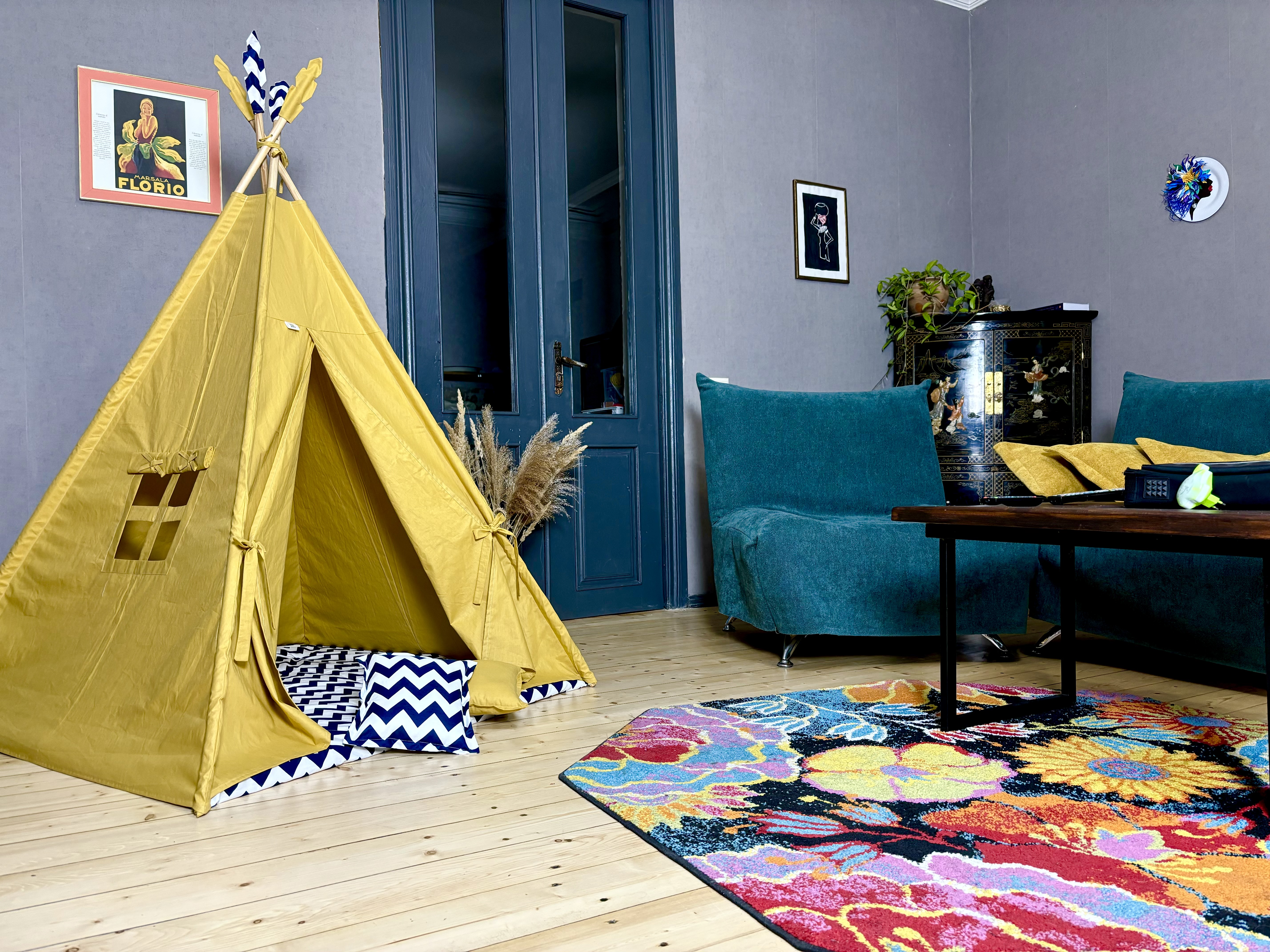 Yellow tent with blue zigzag lining