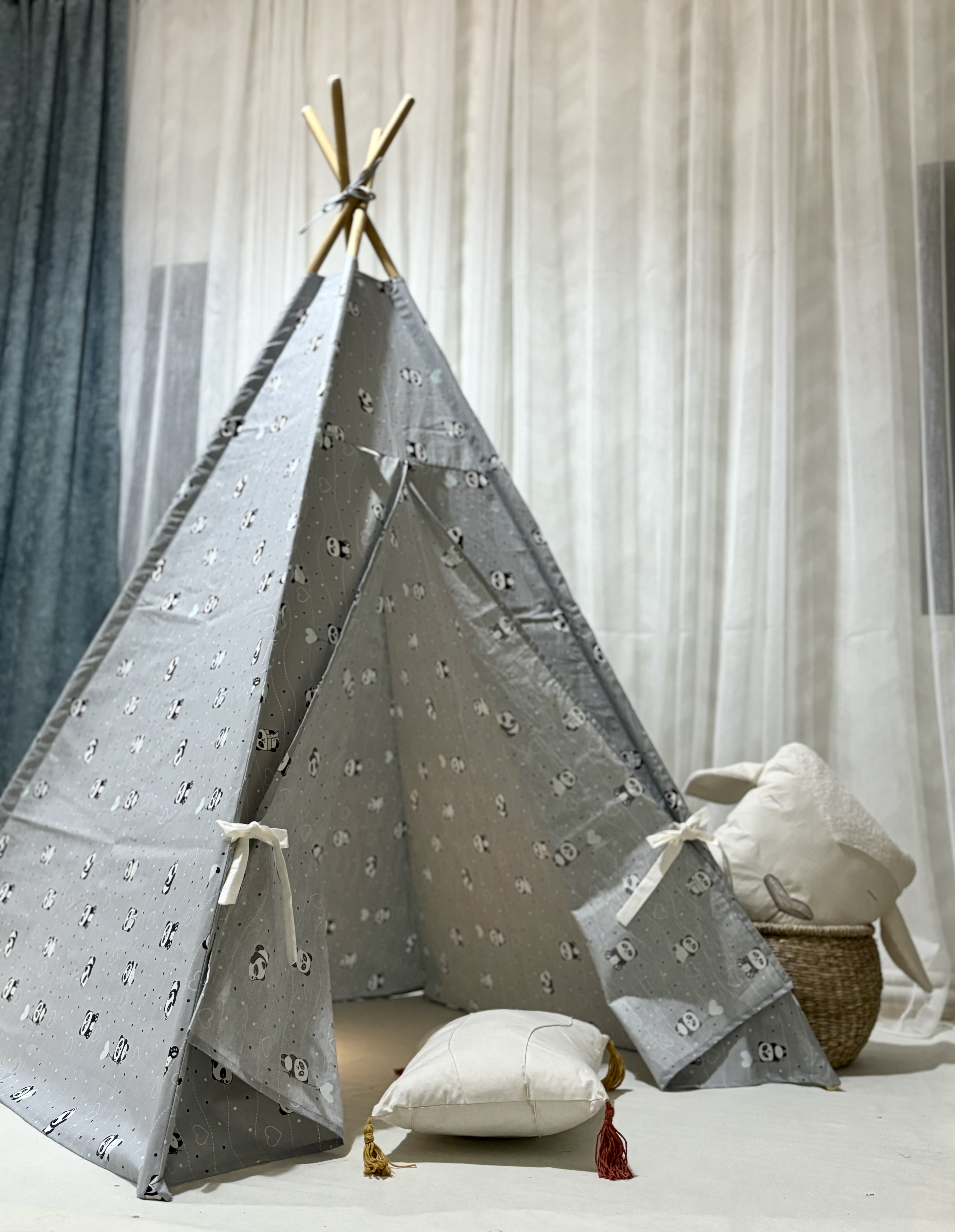 grey kids tent with pandas