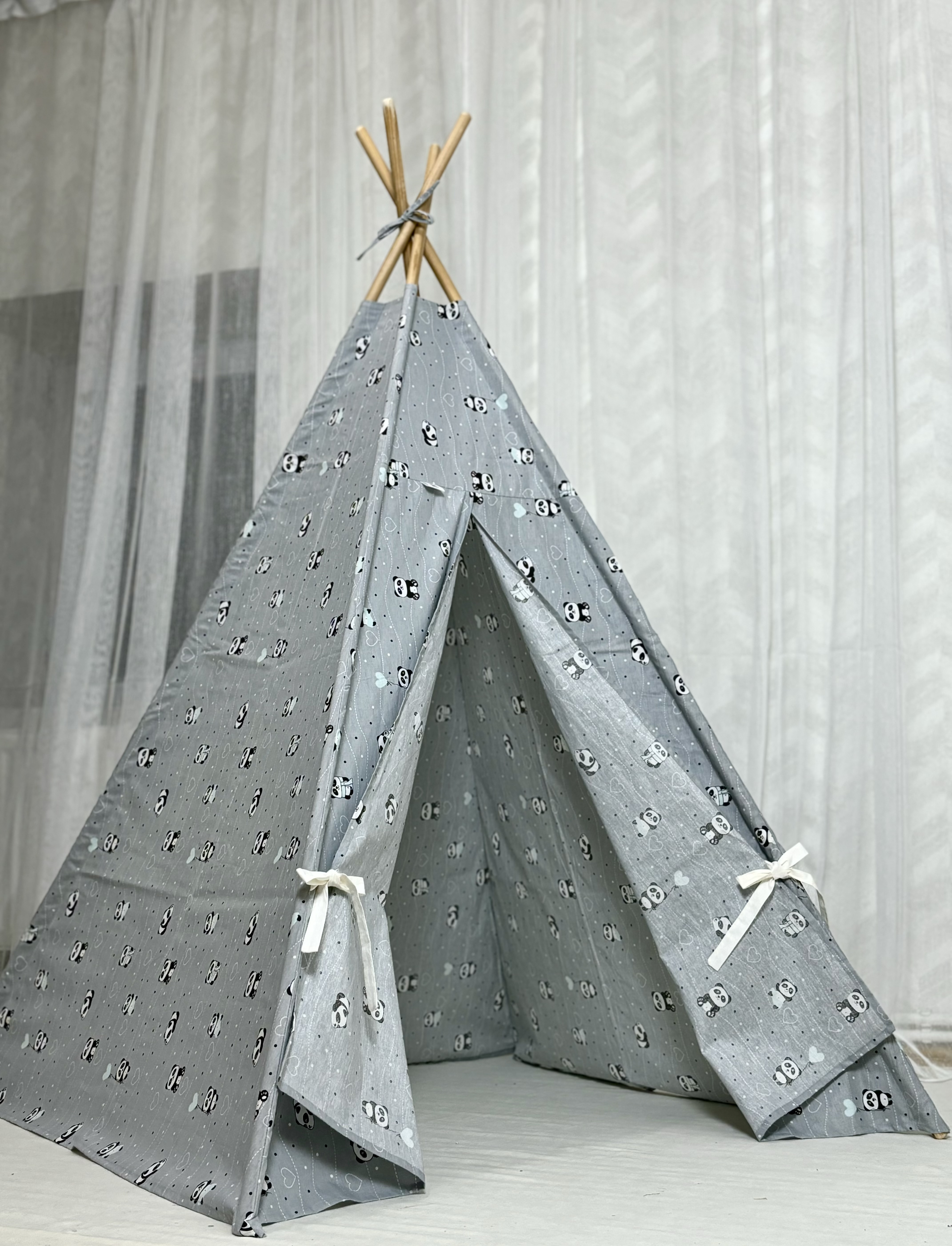 grey kids tent with pandas