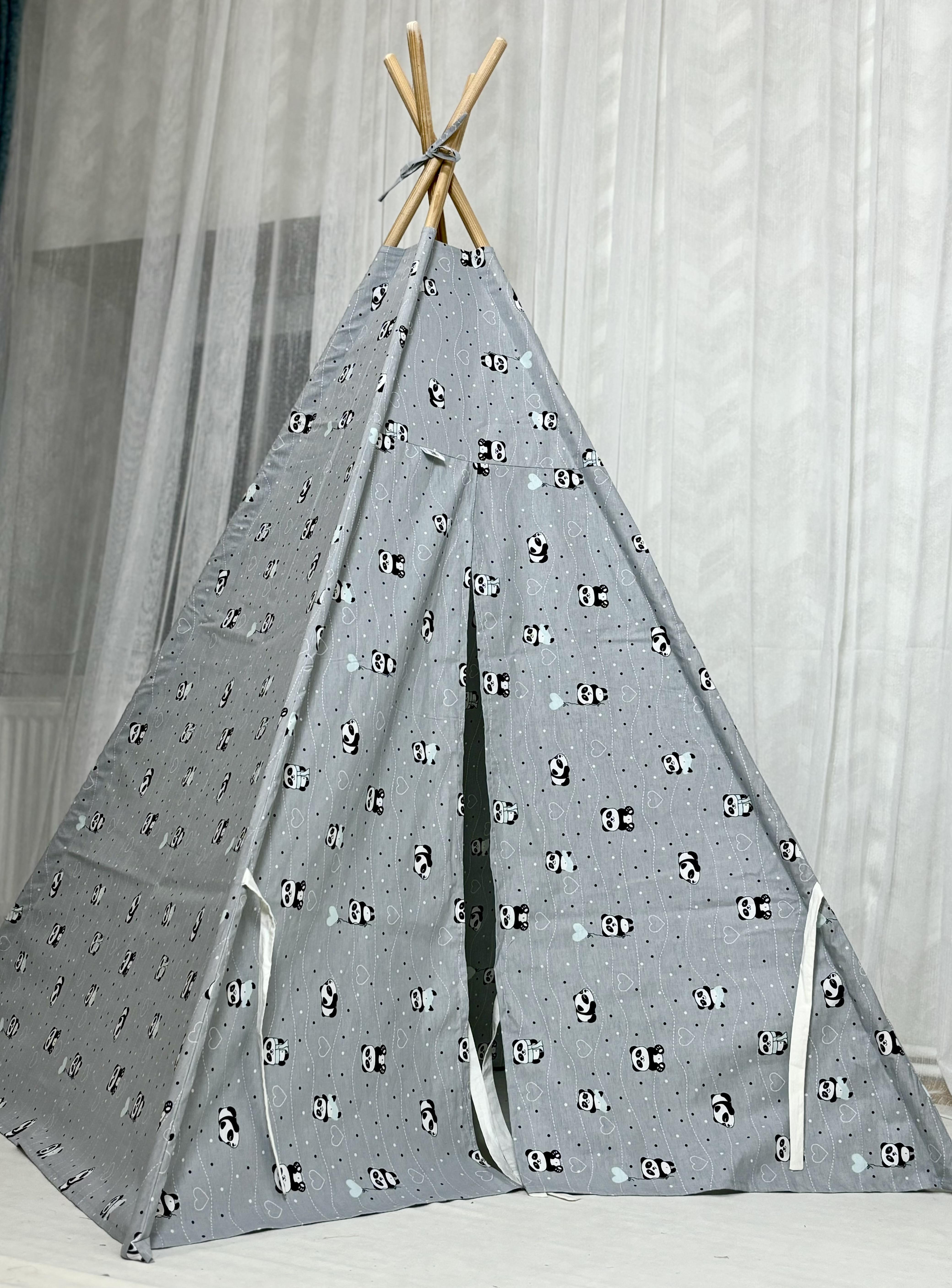 grey kids tent with pandas