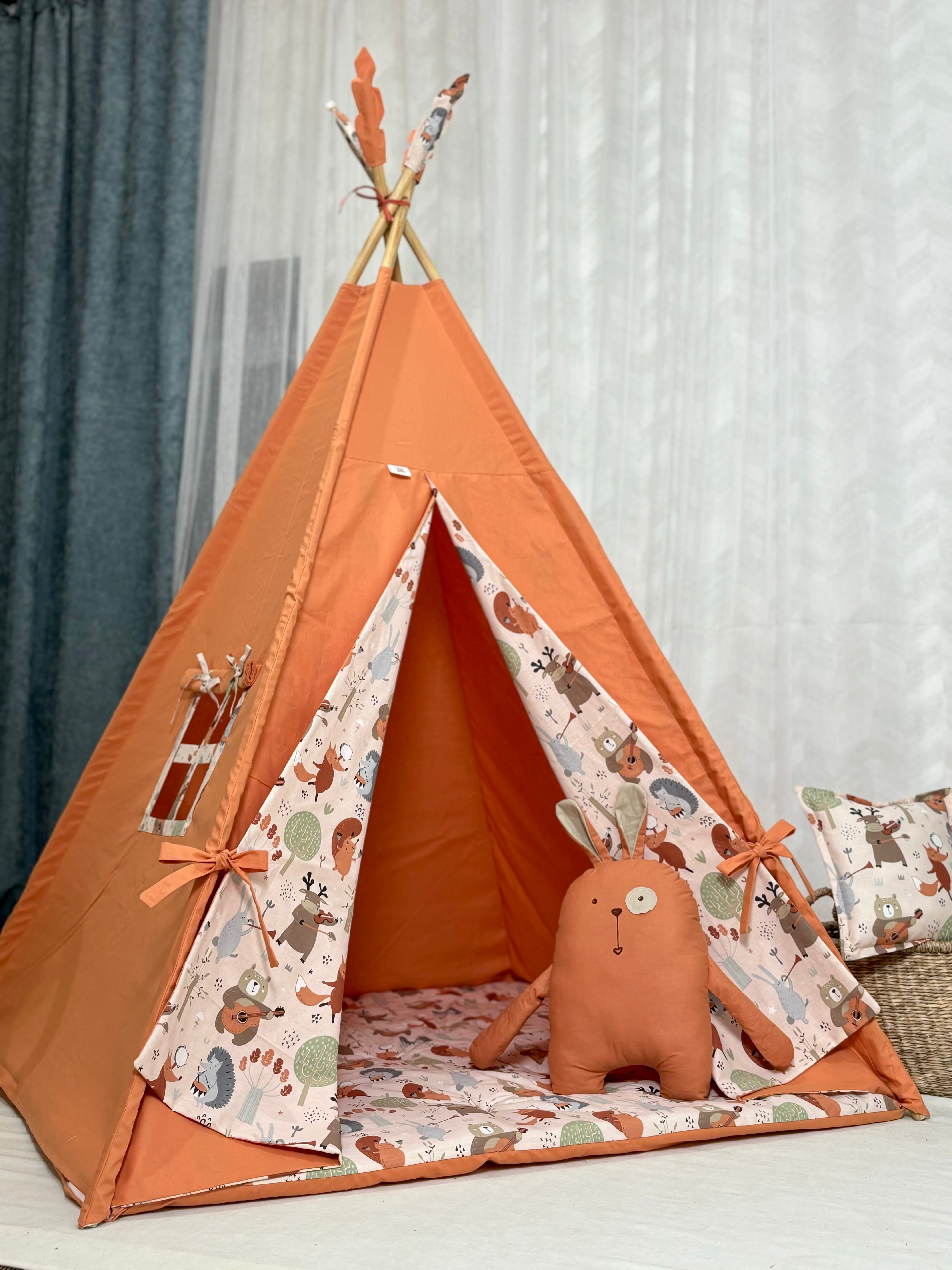 Brick-colored tent with Rabbit and rectangular cushions
